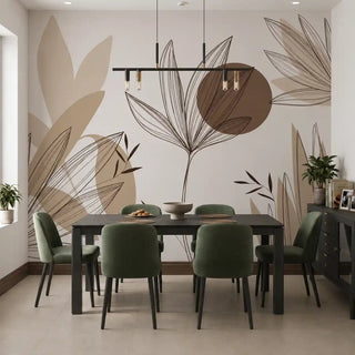 Beautiful Floral Leaves wallpaper in Brown and Beige behind a dark wood dining table with green upholstered chairs.