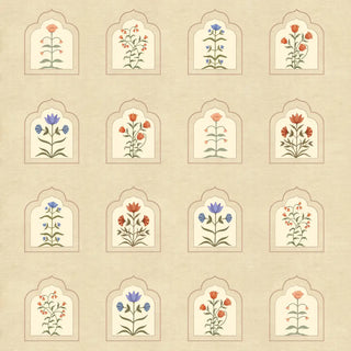 A full repeating grid layout view of the Floral Radiance customized heritage wallpaper showing the varied pastel botanical vignettes.