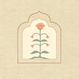 A high-resolution close-up of a single coral-colored botanical flower nestled within a framed Mughal arch in the Floral Radiance wallpaper.