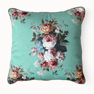 Full studio view of the Flored Eden Bouquet Cushion Cover with teal floral print and sequins.