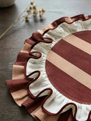Detailed close-up of Florentine Ruffles showing the hand-stitched maroon and cream striped ruffle edge with dimensional texture and precision craftsmanship.