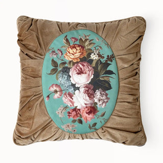 Full studio view of the Florid Verona Bloom Cushion with ruched brown velvet and floral insert.