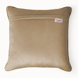 Back view of the cushion cover showing the solid tan velvet backing and concealed zipper.