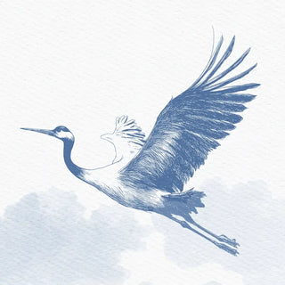 Close-up detail of a magnificent flying blue crane illustration from the Avian Garden mural.