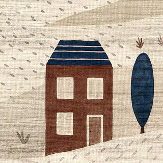 Close-up of The Quilted Village mural showing the intricate fabric-like texture and hand-painted house and tree details.