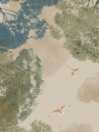 A high-resolution close-up of two elegant birds soaring across a misty cream sky under a teal and sage green tree canopy from The Forest Nest print.