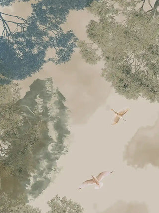 Close up of The Forest Nest wall art showing fine brushstroke texture of treetop canopy and two birds in flight