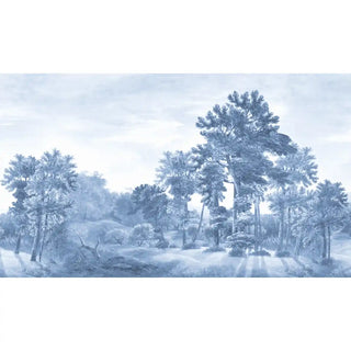 Wide shot of the seamless panoramic design of the forest mural with tall pine trees.
