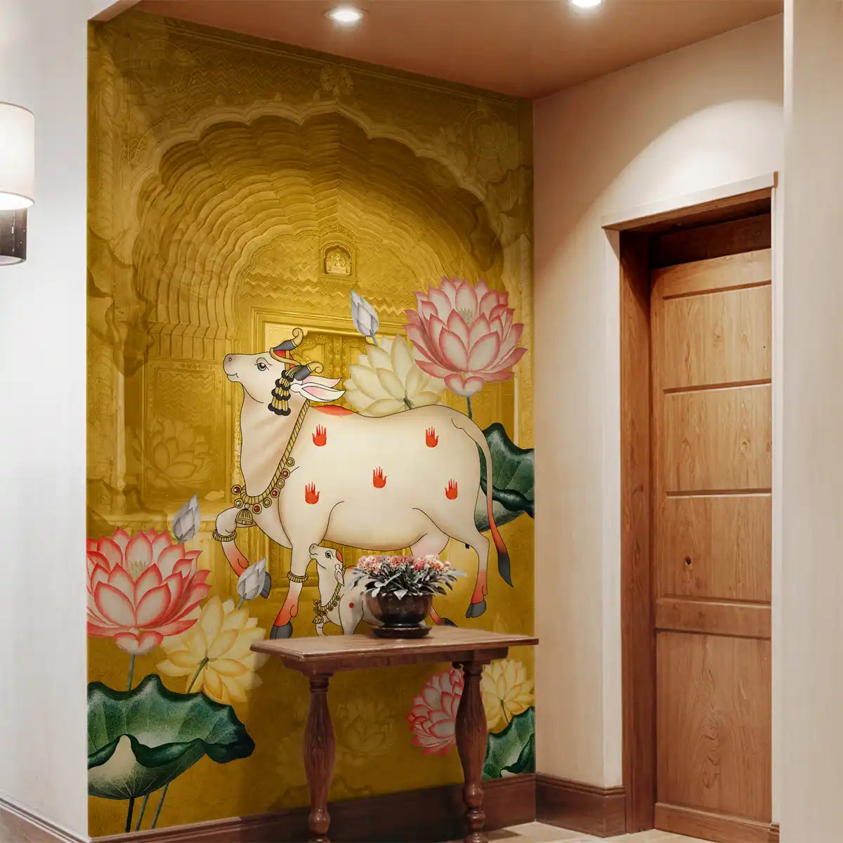 Pichwai Style Wallpaper for Lobby and Temple Walls, Yellow