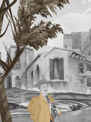 A close-up of the French Life wall art showing a mustard-coated figure standing beside old stone buildings.
