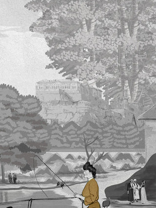 A close-up of the French Life wall art showing a woman fishing at the riverbank beneath large grisaille trees.