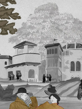 A close-up of the French Life wall art showing Victorian-style genre figures and turbaned robed figures near a riverside town.