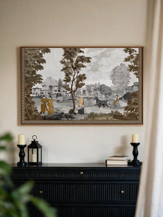 The French Life wall art, landscape orientation, framed above a black mantel with candlesticks and books.
