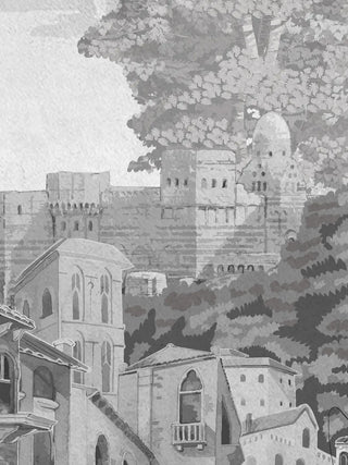 A close-up of the French Life wall art showing its feathery grisaille tree foliage.