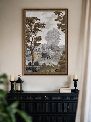 The French Life wall art framed above a black mantel with candlesticks and books.