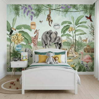 Children's bedroom with a jungle-themed wall mural featuring animals and plants.