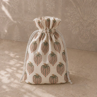 Frosted Silk drawstring cord cinching a floral block-print fabric gift pouch