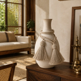 Frosted Silk tasselled cord wrapped around a ceramic vase neck on a wooden console table