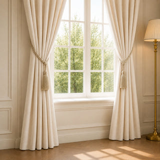 Frosted Silk curtain tiebacks cinching cream drapery beside a sunlit window with a brass floor lamp