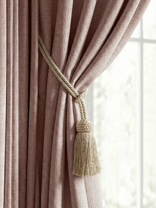 Frosted Silk champagne-gold hand-braided tassel tieback on cream linen curtain