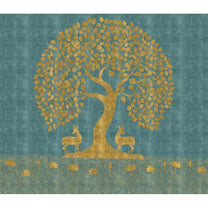 Tree of Life Wallpaper in style of Pichwai Art Form Customised for Rooms Blue, deer, golden, texture, mandir, Buy now