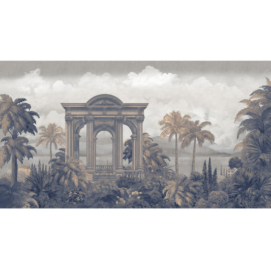 Majestic Foliage Epoch Customised Wallpaper Blue & Sepia, tropical, europan, architecture