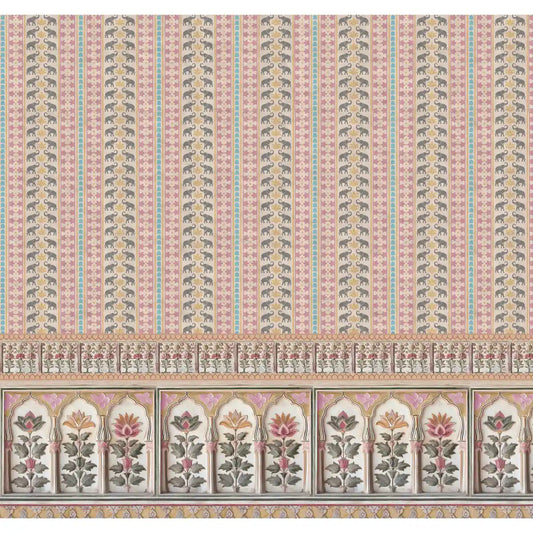 Buy Kala Heritage Elegance: Intricate Indian Temple Art Wallpaper in Pink and Yellow