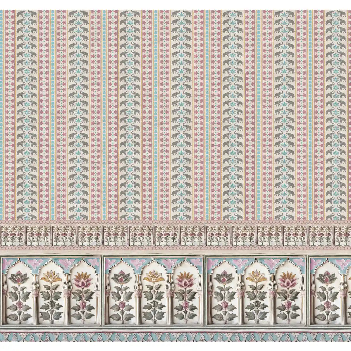 Shop Kala Heritage Elegance: Intricate Indian Temple Art Wallpaper in Pink and Blue
