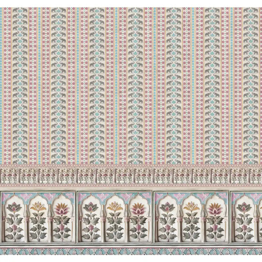 Shop Kala Heritage Elegance: Intricate Indian Temple Art Wallpaper in Pink and Blue
