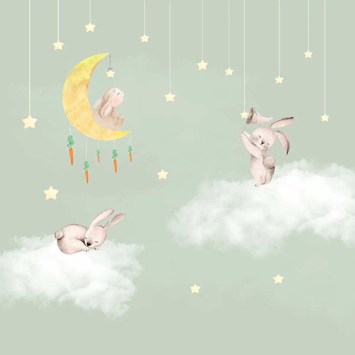 Bunnies in Sky Kids Room Wallpaper Pastel Green Bunnies, clouds, carrot, stars Buy Now 