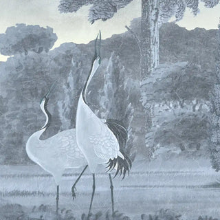 A macro close-up of the Garden Charm mural highlighting the hand-painted cranes and the aged crackle-fresco texture.