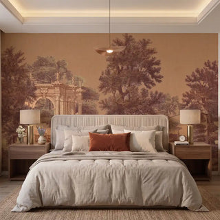The Garden Charm Magenta landscape mural styled behind a fluted headboard with warm terracotta bedding.