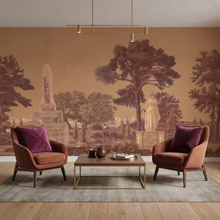 A luxury living room featuring the Garden Charm Magenta mural behind velvet armchairs and a modern coffee table.