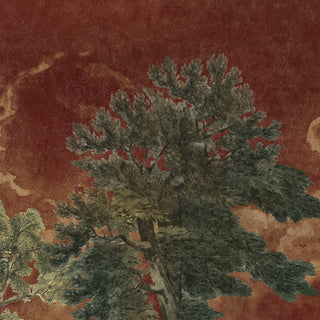 Close up of the Garden Charm mural showing the intricate painterly textures of the trees and dramatic terracotta sky.