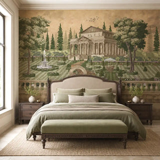 The Garden Escape vintage gold European landscape wallpaper styled as a master bedroom feature wall view-bedroom