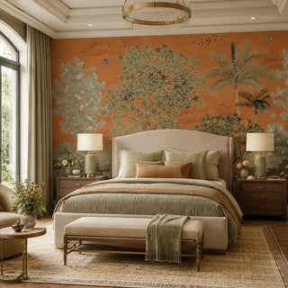 Garden of Dreams terracotta botanical wallpaper providing an ambient statement backdrop in a luxury master bedroom view-bedroom
