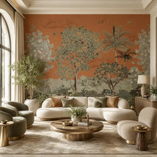 The Garden of Dreams rust orange botanical wallpaper styled as a grand feature wall behind a contemporary cream sectional sofa view-livingroom