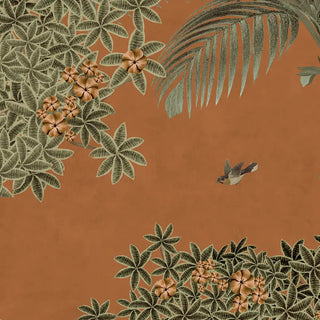 A high-resolution close-up of the flying bird, detailed palm fronds, and orange flowers in the Garden of Dreams wallpaper.