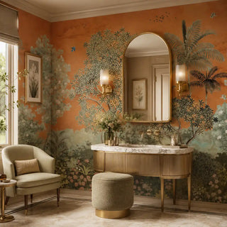 The Garden of Dreams custom wallpaper styled in a sophisticated vanity dressing area with an arched gold mirror.