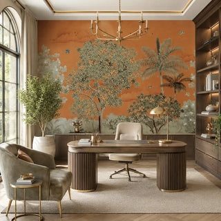 Garden of Dreams rust orange tropical wallpaper anchoring a stately home office behind a executive wood desk view-officecabin