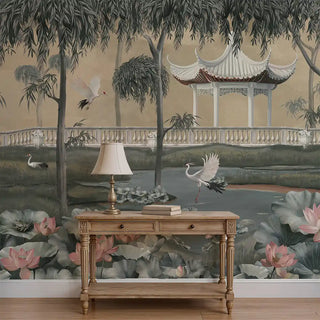 The "Garden of Grace" wallpaper mural showing a serene oriental garden scene with a central gazebo, graceful cranes, and blossoming lotus flowers.