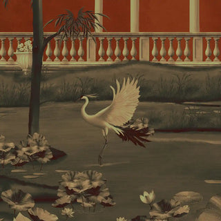 A close-up highlighting cranes in flight above lotus ponds, with detailed foliage and oriental garden elements.