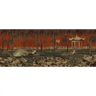 wallpaper showcasing the pagoda structure, trees, and water lilies in artistic detailing against the orange backdrop.