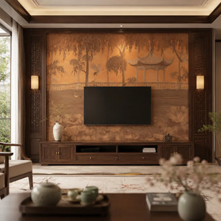 Garden of Grace oriental garden style wallpaper in faded orange with cranes and pavilion design styled in a wooden TV panel. view-tvpanel

