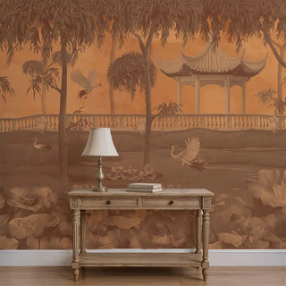 Garden of Grace oriental garden style wallpaper in faded orange with cranes and pavilion design