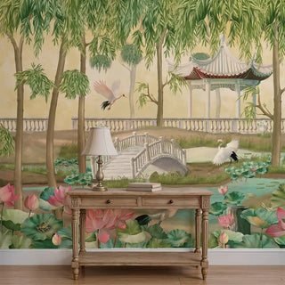 Garden of Grace luxury oriental garden wallpaper with willow trees, pavilion, and stone bridge