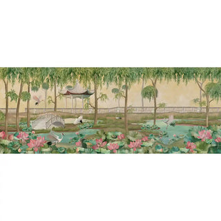 Luxury wallpaper design with oriental garden scene and nature-inspired details