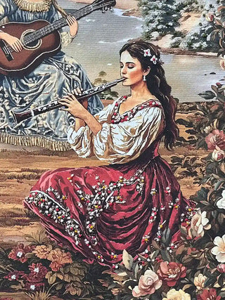 Detailed view of the seated flutist and surrounding embroidered rose garden in the Garden of Tunes wall art