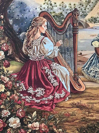 Close up highlighting the intricate embroidery texture and detailed brushstrokes of the harpist in the Garden of Tunes design