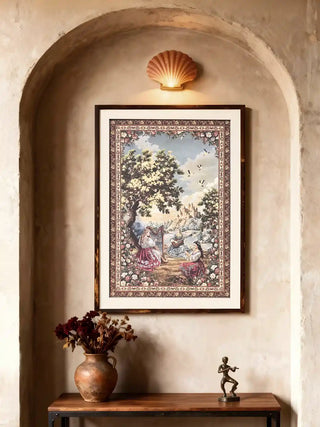 Framed Garden of Tunes wall art displayed within a minimalist plaster archway alcove above a wooden consol